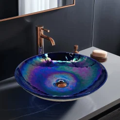 Hot Celestial Blue Glass Art Vessel Bathroom Sink Above Counter / Vessel Sinks