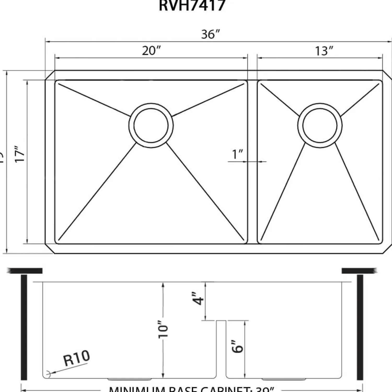 Outlet 36" Double Bowl Kitchen Sink with Low Divder Stainless Steel Sinks|Double Bowl Sinks
