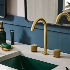 Fabio Two Handle Widespread Textured Knob Arc Round Neck Bathroom Faucet in Brushed Gold - RVF5238SG 8" Widespread