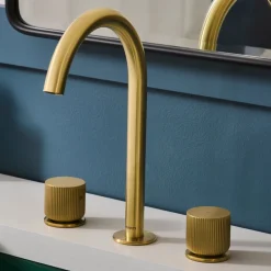 Fabio Two Handle Widespread Textured Knob Arc Round Neck Bathroom Faucet in Brushed Gold - RVF5238SG 8