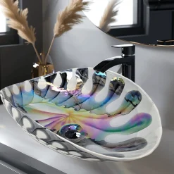 Sale 19" Glass Art Vessel Seashell Decorative Pattern Bathroom Sink - Spira Luxe Pearl White Above Counter / Vessel Sinks