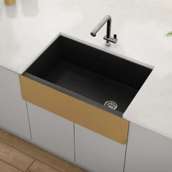 Clearance 30" Matte Black Fireclay Farmhouse Kitchen Sink with Brushed Gold Apron Single Bowl Sinks|Apron Front / Farmhouse Sinks