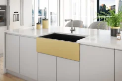 Clearance 30" Matte Black Fireclay Farmhouse Kitchen Sink with Brushed Gold Apron Single Bowl Sinks|Apron Front / Farmhouse Sinks