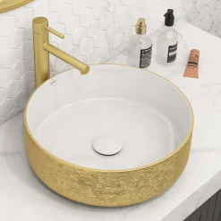 Outlet 14" Round Bathroom Vessel Sink | White with Gold Exterior Above Counter / Vessel Sinks