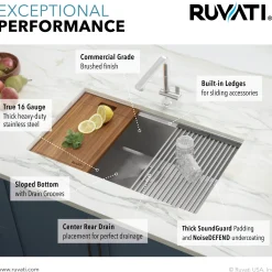 Online RVH8301 32" Workstation Ledge Tight Radius Undermount 16 Gauge Single Bowl Kitchen Sink Workstation Sinks|Stainless Steel Sinks
