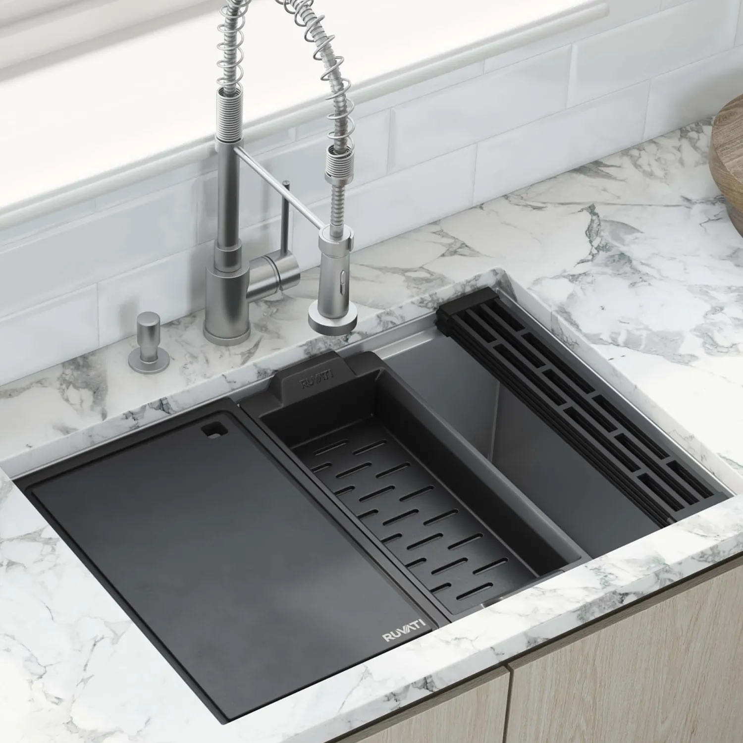 Online 27" Undermount Workstation Offset Drain Kitchen Sink Workstation Sinks|Stainless Steel Sinks