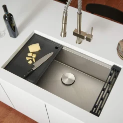 Online 33" Workstation Scratch Resistant Hex Bottom Stainless Steel Kitchen Sink Workstation Sinks|Stainless Steel Sinks