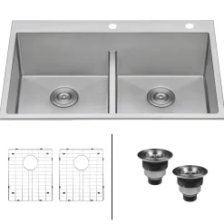 New 33 x 22" Drop-in 50/50 Double Bowl Tight Radius 16 Gauge Topmount Stainless Steel Kitchen Sink Drop-In / Top Mount Sinks|Stainless Steel Sinks