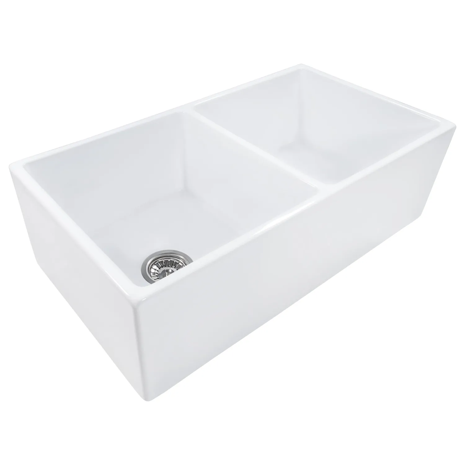 Discount 33 x 18" Fireclay Farmhouse Apron-Front Double Bowl Kitchen Sink in White Double Bowl Sinks|Apron Front / Farmhouse Sinks