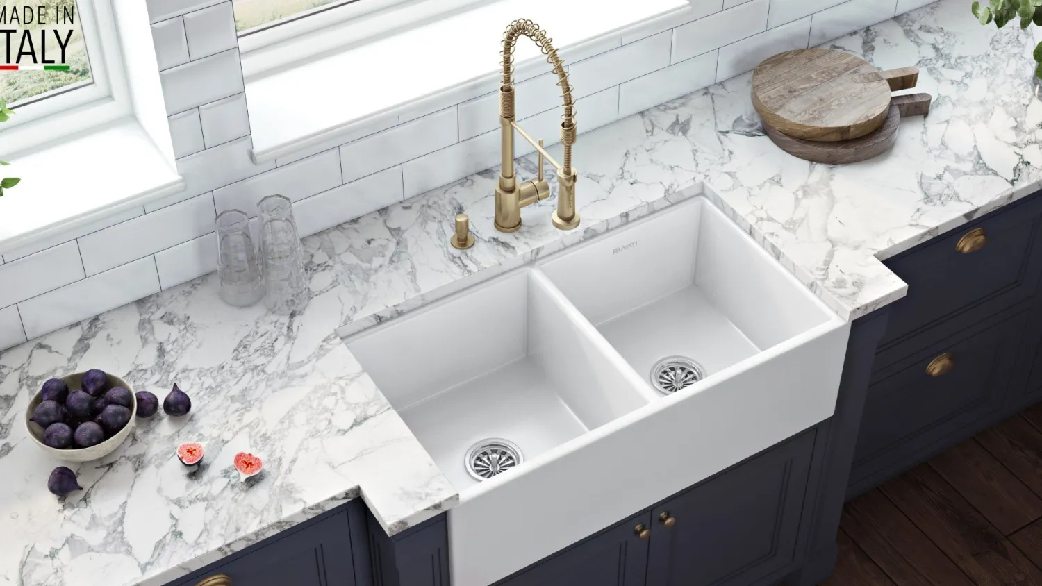 Discount 33 x 18" Fireclay Farmhouse Apron-Front Double Bowl Kitchen Sink in White Double Bowl Sinks|Apron Front / Farmhouse Sinks