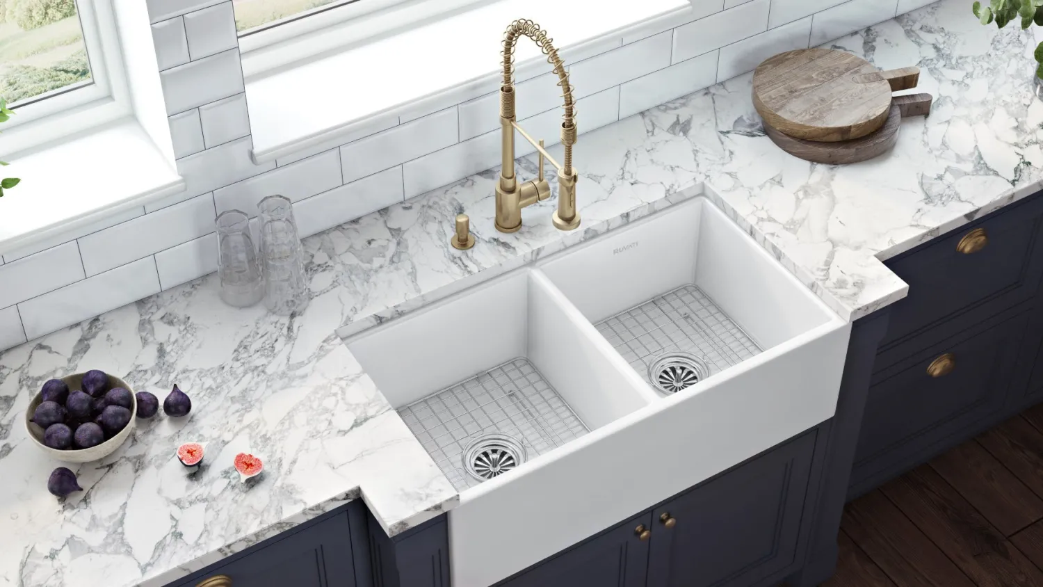Discount 33 x 18" Fireclay Farmhouse Apron-Front Double Bowl Kitchen Sink in White Double Bowl Sinks|Apron Front / Farmhouse Sinks