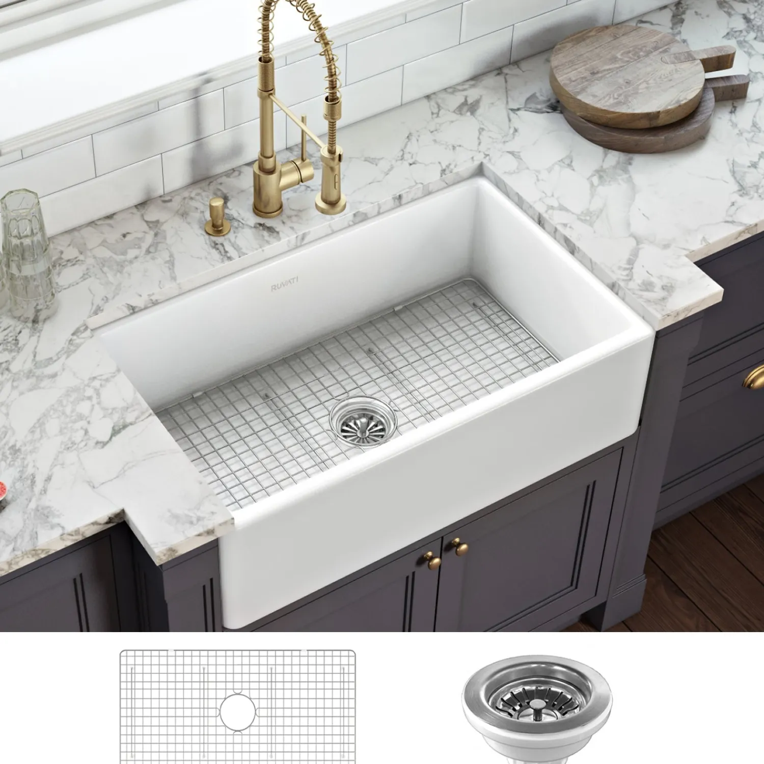 Discount 33 x 20" Fireclay Reversible Farmhouse Apron-Front Kitchen Sink Single Bowl Single Bowl Sinks|Apron Front / Farmhouse Sinks