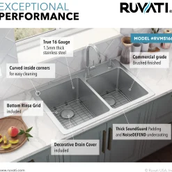 Sale 33" x 22" Topmount 60/40 Double Bowl 16 Gauge Stainless Steel Kitchen Sink Drop-In / Top Mount Sinks|Stainless Steel Sinks