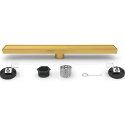 60" Stainless Steel Linear Shower Drain with Tile Insert & Flat Grate in Brushed Brass Shower Drains