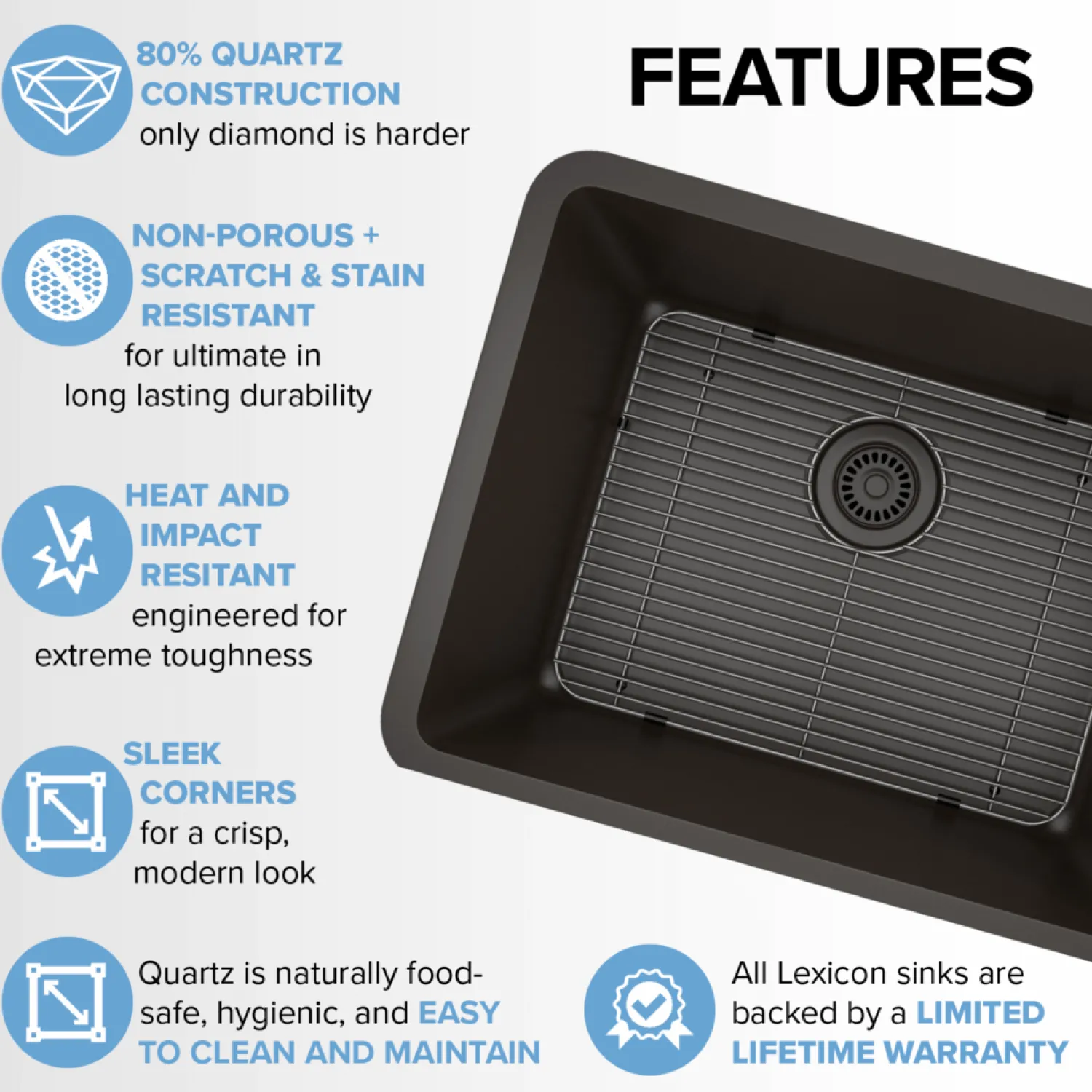 Standard Size Rectangle Quartz Composite Kitchen Sink Single Bowl Sinks|Undermount Sinks