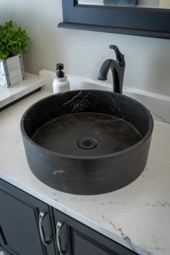 Outlet Thin Lip Round Nero Marquino Marble Column Vessel Sink Above Counter / Vessel Sinks