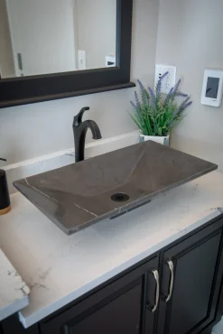 Ultra Modern Rectangular Vessel Sink in Honed Pietra Grey Marble Above Counter / Vessel Sinks