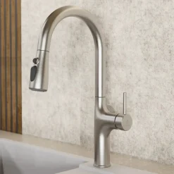 Clearance Arched Pull-Down Kitchen Faucet in Brushed Nickel Single Hole