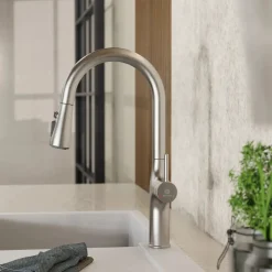 Clearance Arched Pull-Down Kitchen Faucet in Brushed Nickel Single Hole
