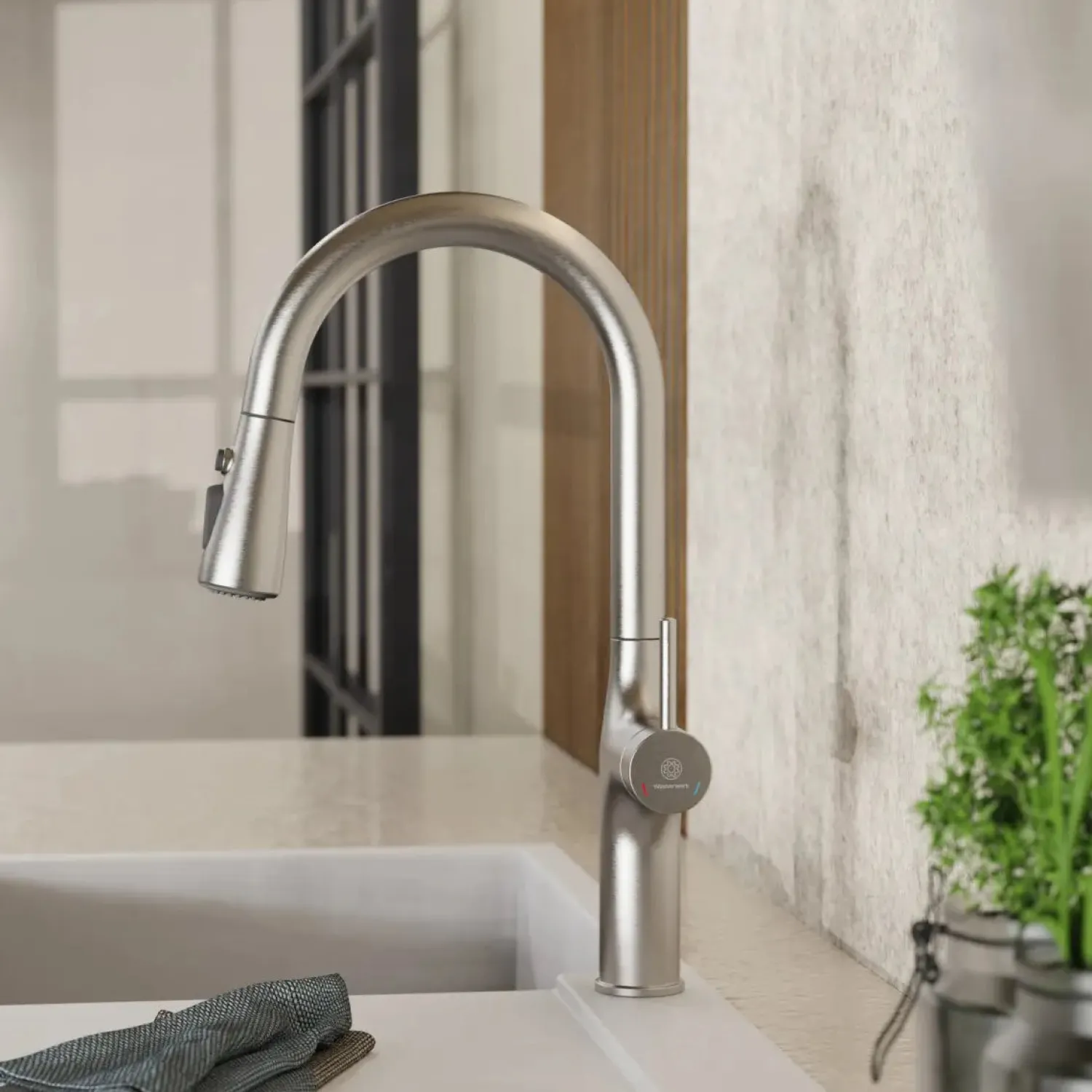 Clearance Arched Pull-Down Kitchen Faucet in Brushed Nickel Single Hole