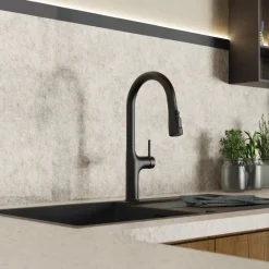 Hot Arched Pull-Down Kitchen Faucet in Matte Black Single Hole