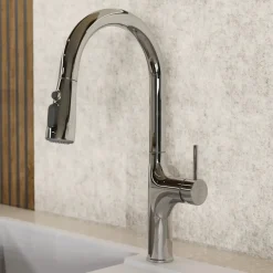 Outlet Arched Pull-Down Kitchen Faucet in Chrome Single Hole