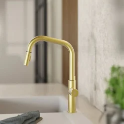 New Kitchen Faucet with Angled Spout Pull-Down Sprayer in Brushed Gold Single Hole