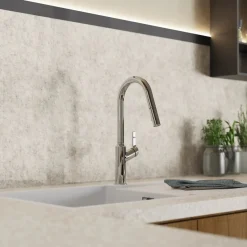 Discount Kitchen Faucet with Curved Spout in Chrome Single Hole