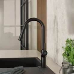 New Kitchen Faucet with Curved Spout in Matte Black Single Hole