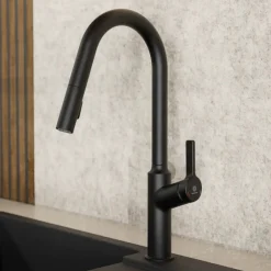 New Kitchen Faucet with Curved Spout in Matte Black Single Hole