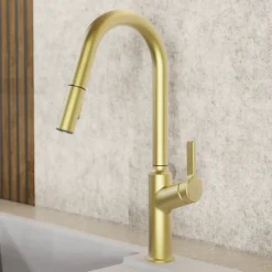 Kitchen Faucet with Curved Spout in Brushed Gold Single Hole