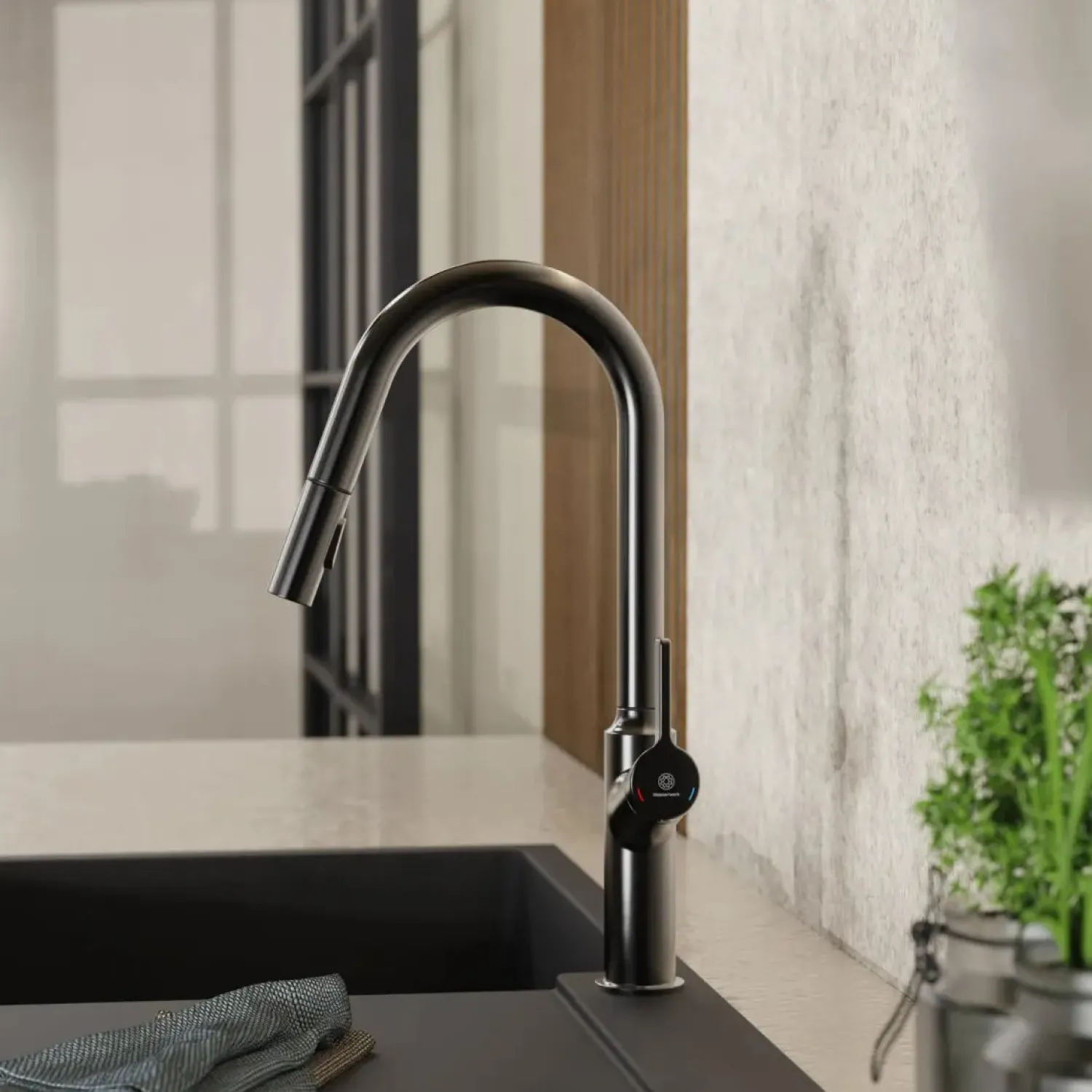 Outlet Kitchen Faucet with Curved Spout in Matte Graphite Single Hole
