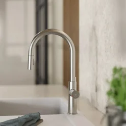 Hot Kitchen Faucet with Arch Pull-Down Spout in Brushed Nickel Single Hole