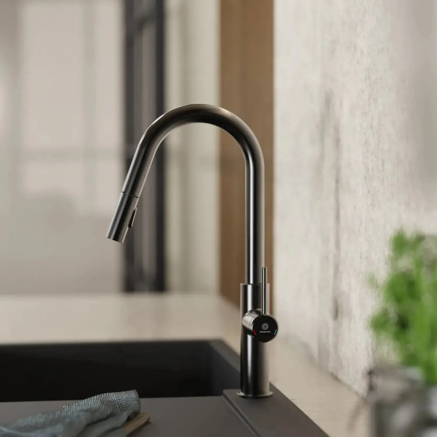 Clearance Kitchen Faucet with Curved Pull-Down Spout in Matte Graphite Single Hole