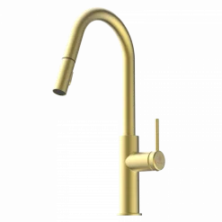 Outlet Kitchen Faucet with Curved Pull-Down Spout in Brushed Gold Single Hole