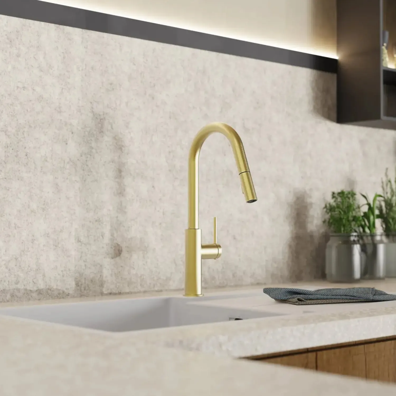 Outlet Kitchen Faucet with Curved Pull-Down Spout in Brushed Gold Single Hole