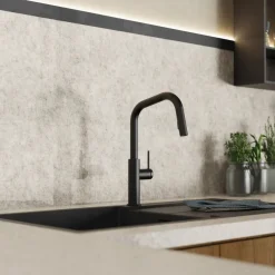 Online Kitchen Faucet with Angled Spout Pull-Down Sprayer in Matte Black Single Hole