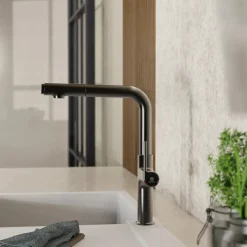 Outlet Kitchen Faucet with Straight Pull-Out Spout in Matte Graphite Single Hole