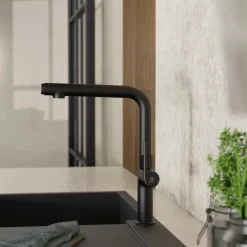 Discount Kitchen Faucet with Straight Pull-Out Spout in Matte Black Single Hole