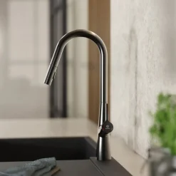 Hot Kitchen Faucet with Curved Spout Pull-Down Sprayer in Matte Graphite Single Hole