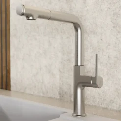 Sale Kitchen Faucet with Straight Pull-Out Spout in Brushed Nickel Single Hole