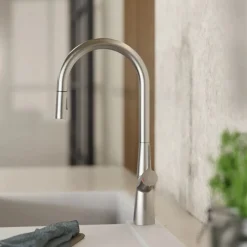 Hot Single Hole Pull Down Kitchen Faucet in Brushed Nickel Single Hole