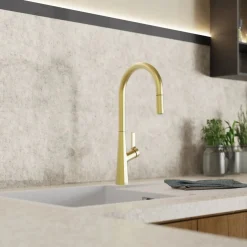Hot Single Hole Pull Down Kitchen Faucet in Brushed Gold Single Hole