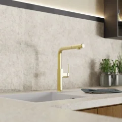 Online Single Hole Straight Spout Kitchen Faucet in Brushed Gold Single Hole