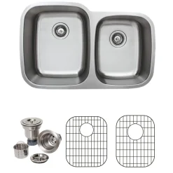 Online 32" 16-Gauge Double Bowl Undermount Stainless Steel Kitchen Sink with Grid Rack and Basket Strainer Stainless Steel Sinks|Double Bowl Sinks