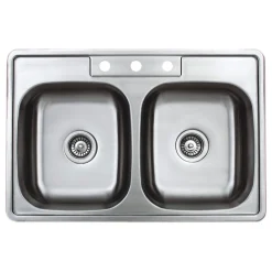 Clearance 33" 20-Gauge Drop-in 3-Hole 50/50 Double Bowl ADA Compliant Stainless Steel Kitchen Sink with Strainers Drop-In / Top Mount Sinks|Stainless Steel Sinks