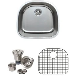 Hot 24" 18-Gauge Undermount D-shaped Single Bowl Stainless Steel Kitchen Sink with Grid Rack and Basket Strainer Stainless Steel Sinks|Single Bowl Sinks
