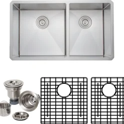 Sale Handcrafted 33" 16-Gauge Undermount 60/40 Double Bowl Stainless Steel Kitchen Sink with Grid Racks and Basket Strainers Stainless Steel Sinks|Double Bowl Sinks