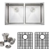 Clearance Handcrafted 33" 16-Gauge Undermount 50-50 Double Bowl Stainless Steel Kitchen Sink with Grid Rack and Basket Strainer Stainless Steel Sinks|Double Bowl Sinks