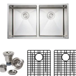 Clearance Handcrafted 33" 16-Gauge Undermount 50-50 Double Bowl Stainless Steel Kitchen Sink with Grid Rack and Basket Strainer Stainless Steel Sinks|Double Bowl Sinks